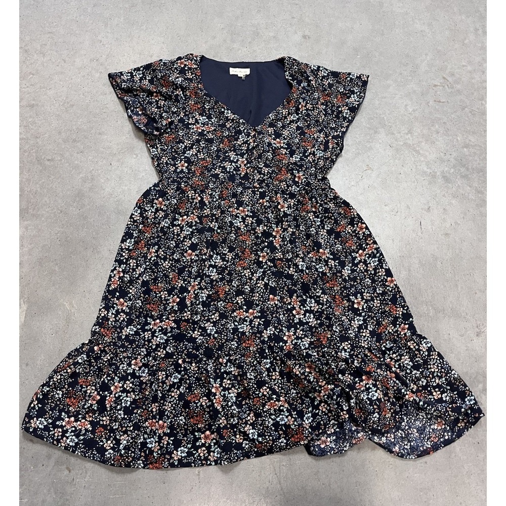 Southern Fried Chics Navy Floral Flutter Sleeve Tiered Mini Dress Size Small